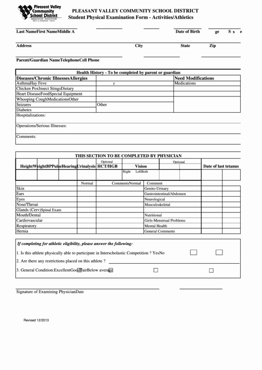 Printable Physical Exam forms Luxury Student Physical Examination form Activities athletics