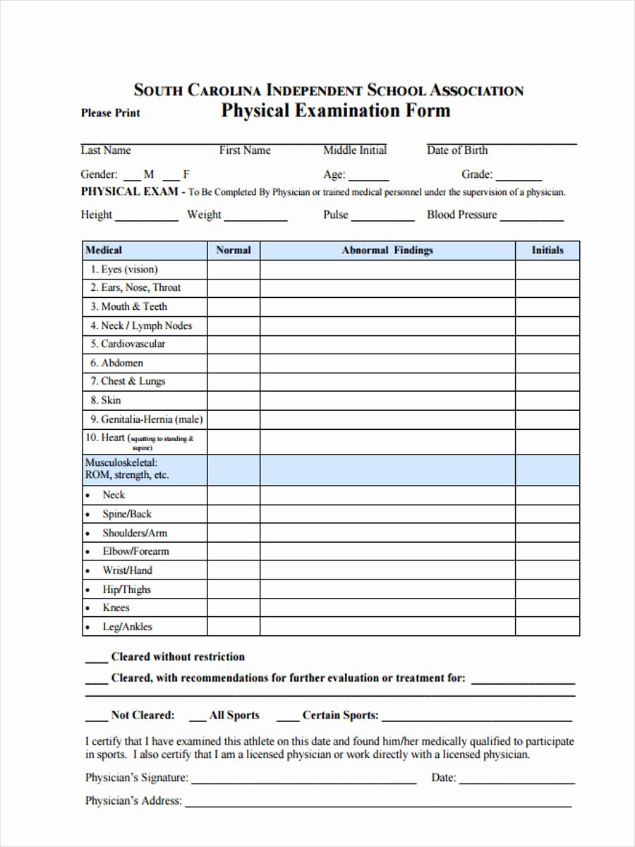 Printable Physical Exam forms New 6 School Physical form Sample Free Sample Example