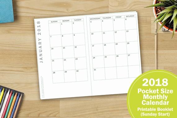 Printable Pocket Monthly Calendar Inspirational Printable 2018 Monthly Calendar Pocket Booklet Sunday