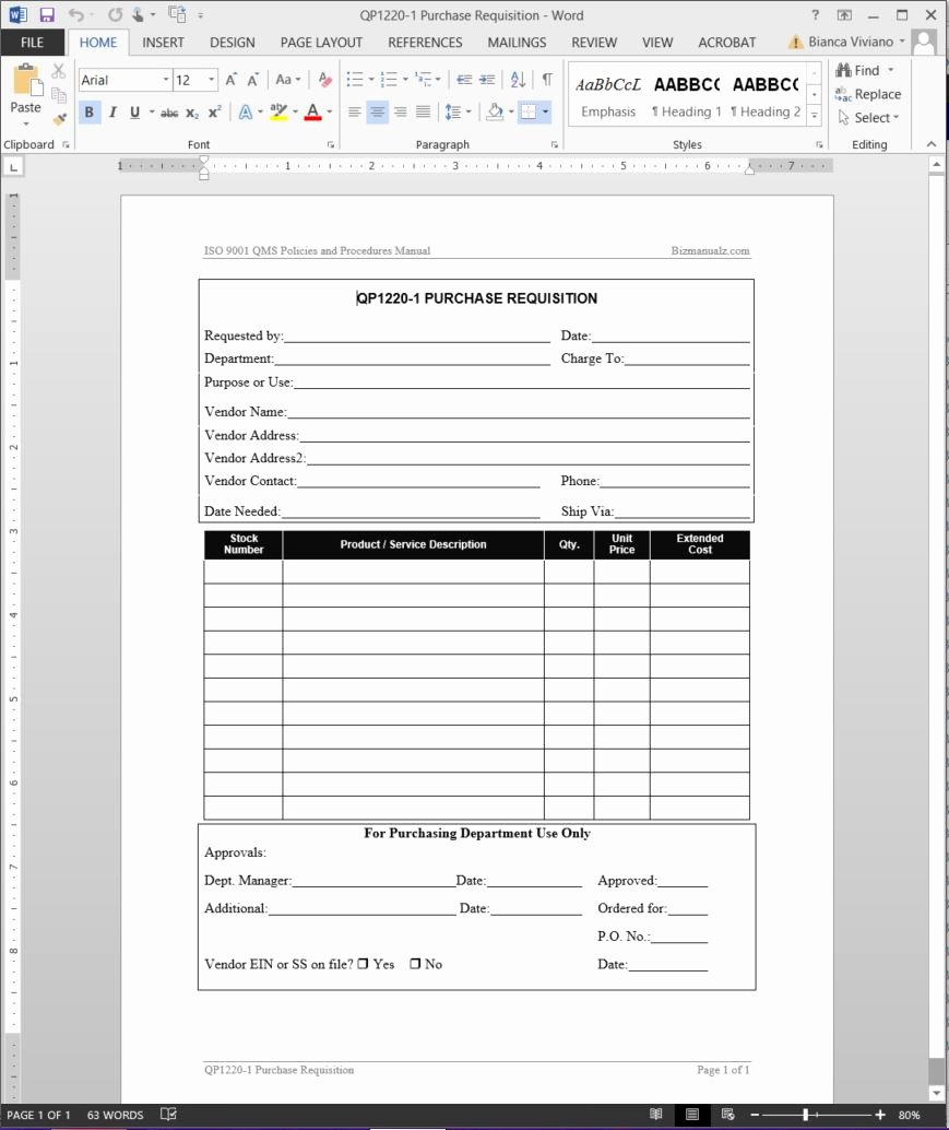 Purchasing Requisition form Templates Inspirational Purchase Requisition iso Template