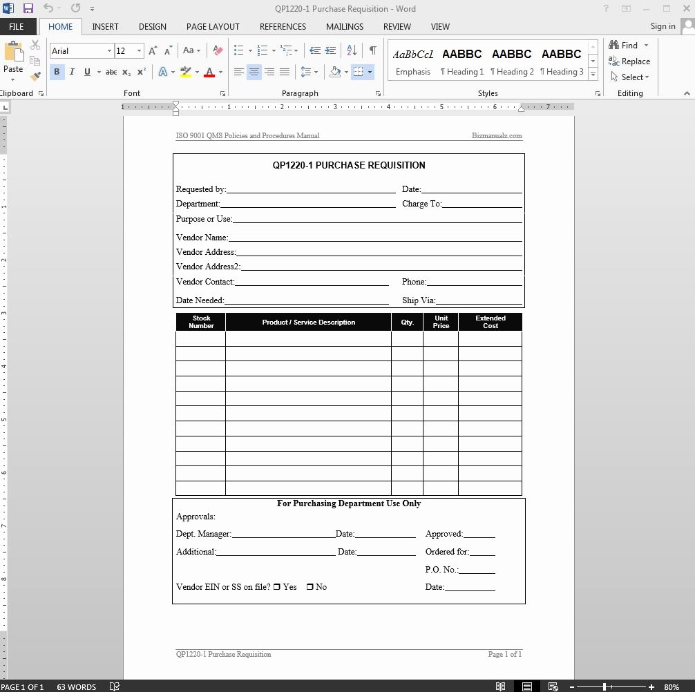 Purchasing Requisition form Templates New Purchase Requisition iso Template