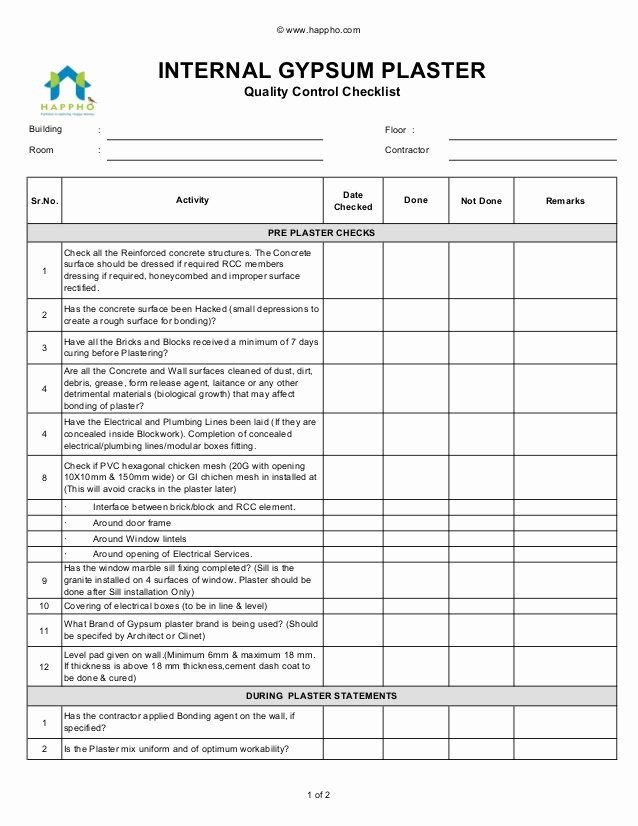 Quality Control Documents Template Beautiful Internal Gypsum Plaster Quality Control Checklist