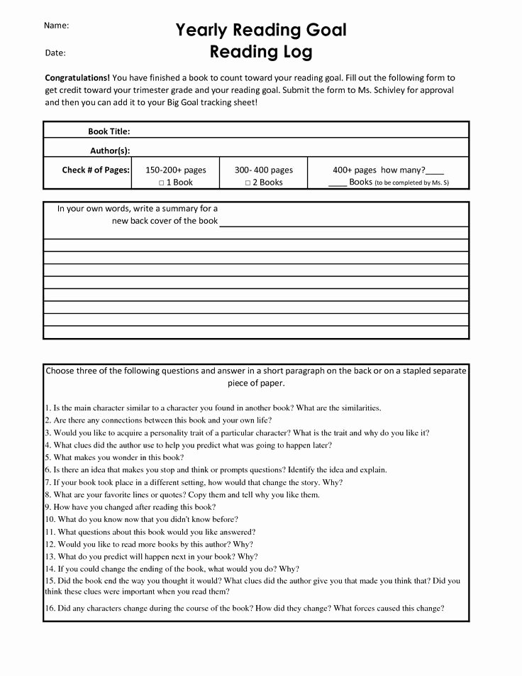 Reading Log Template Middle School Fresh Middle School Reading Logs