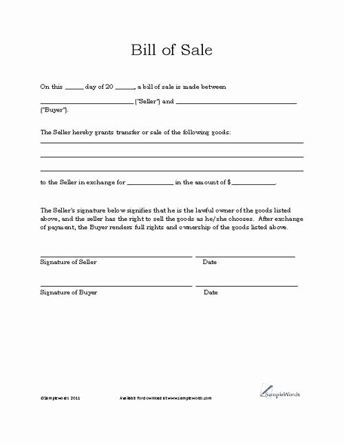 Receipt Of Sale Template Best Of Basic Bill Of Sale form Printable Blank form Template