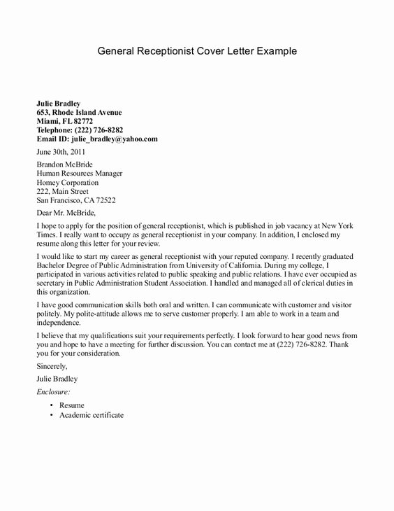 Receptionist Cover Letter Sample Awesome Receptionist Cover Letter Example Jobresumesample