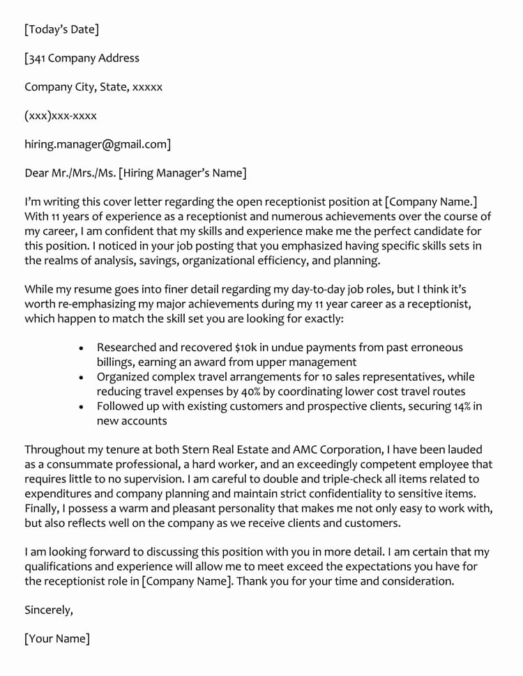 Receptionist Cover Letter Sample New 66 Cover Letter Samples and Correct format to Write It
