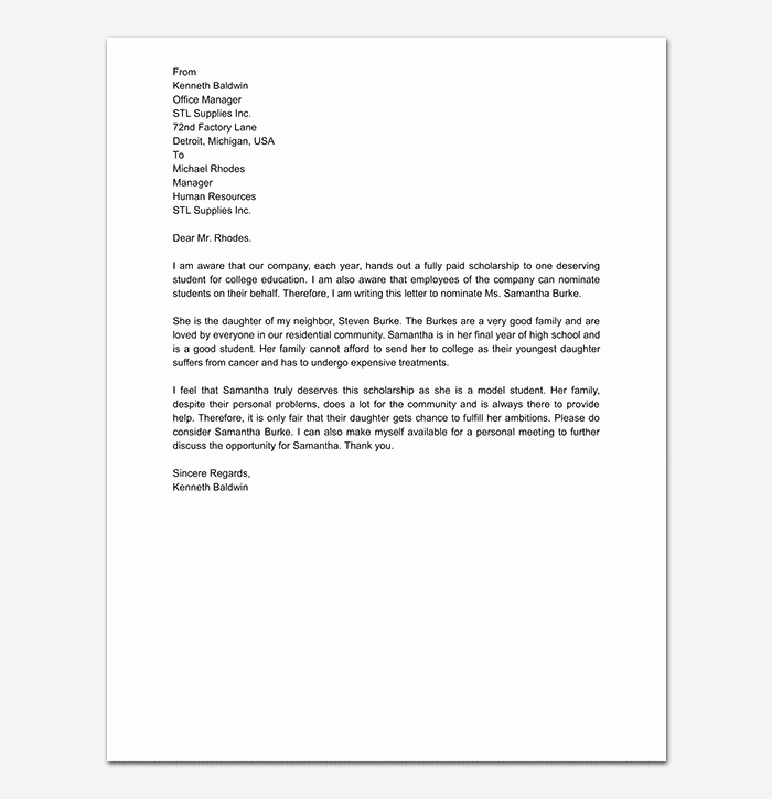 Recommendation Letter for An Award Fresh Scholarship Reference Re Mendation Letter Sample Letters