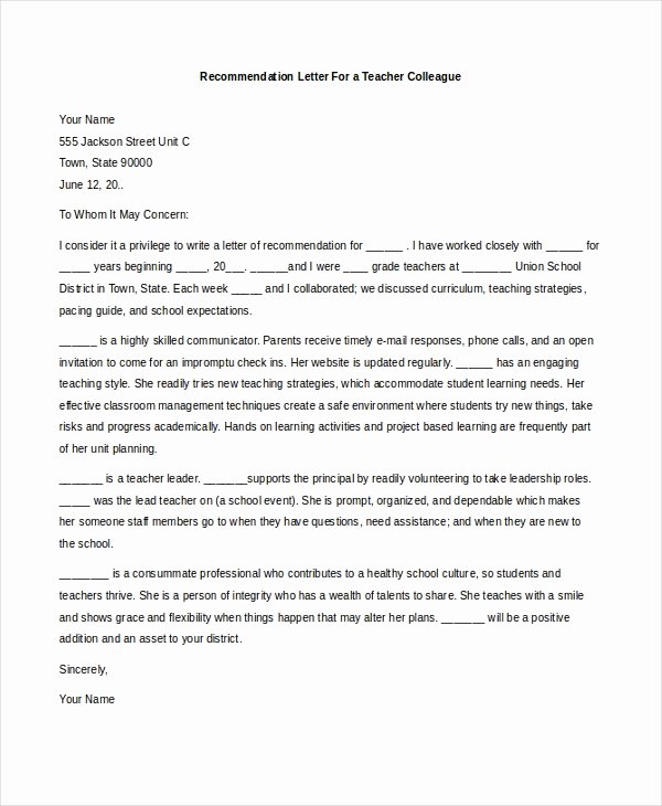 Recommendation Letter for Coworker Best Of Free 7 Sample Teacher Re Mendation Letters In Pdf