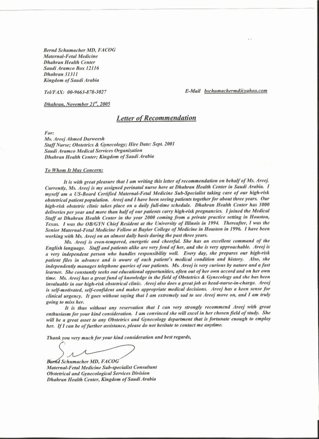 Recommendation Letter for Doctor Lovely Bernd Schumacher Md Facog Maternal Fetal Medicine Dhahran