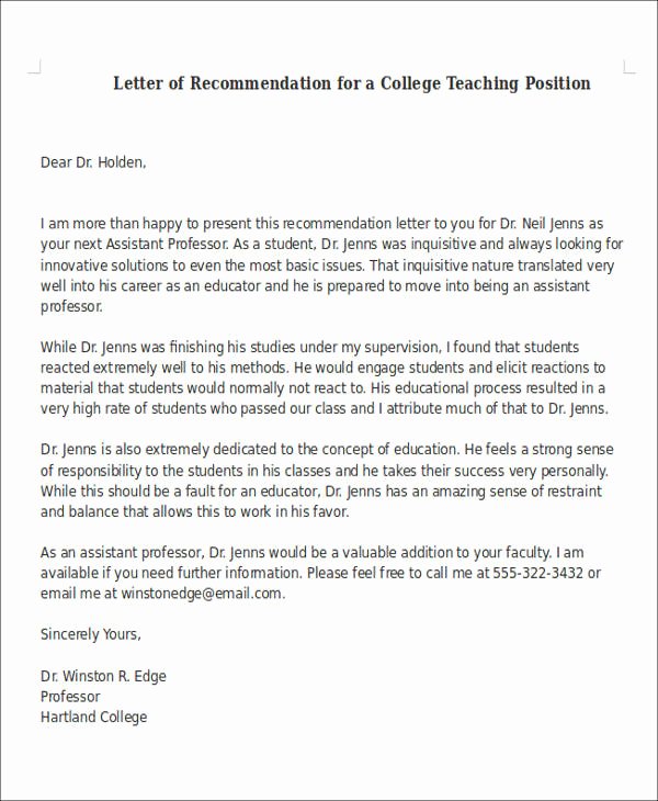 Recommendation Letter for Professor Position Elegant Sample Letter Of Re Mendation for Teaching Position 6
