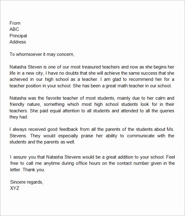 Recommendation Letter for Teacher Lovely Free Sample Letters format Examples and Templates