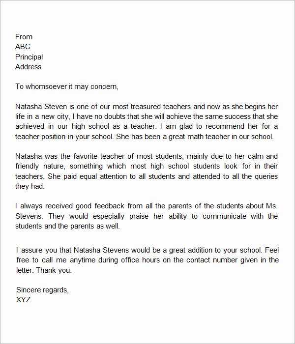 Recommendation Letter for Teacher Unique Letter Of Re Mendation Elementary Teacher Letter Of