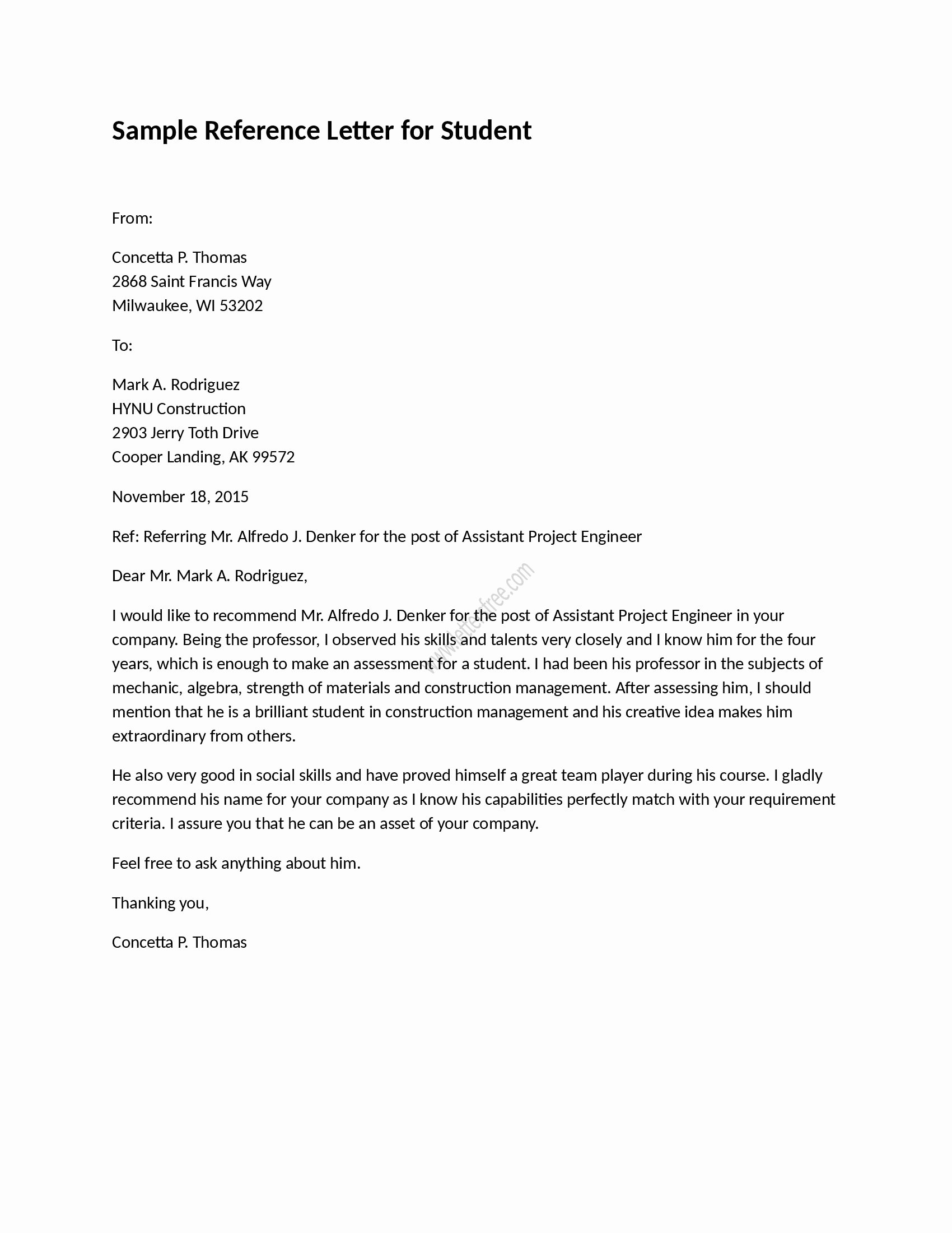 Recommendation Letter format for Student Elegant Sample Reference Letter for Student is Written to Refer A