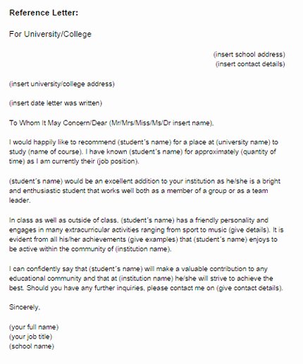 Recommendation Letter format for Student Luxury Reference Letter for A Student Sample