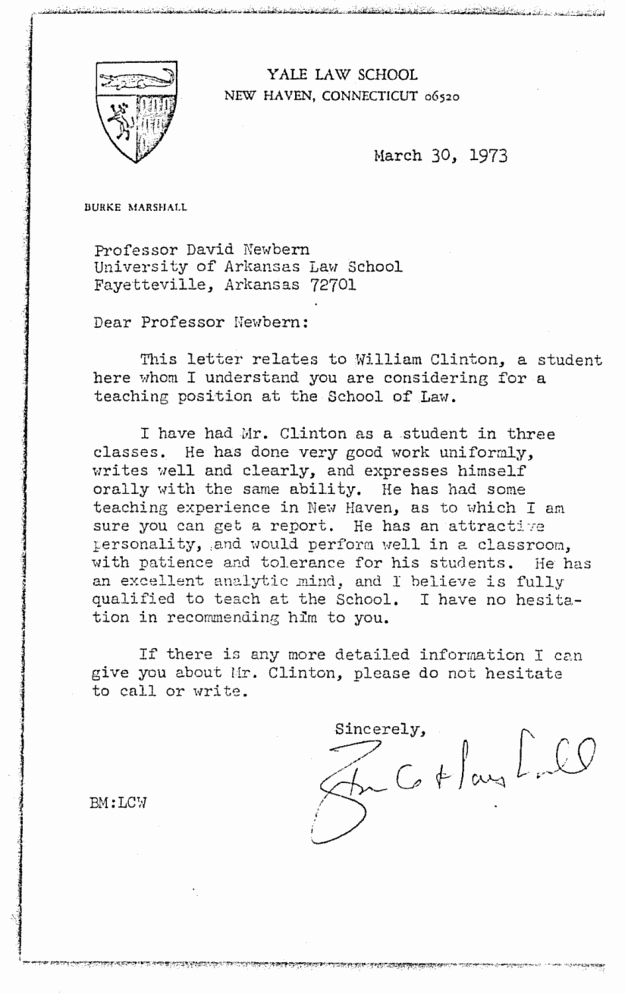 Recommendation Letter From Professor Awesome Here S Bill Clinton S Personnel File From His Time as An