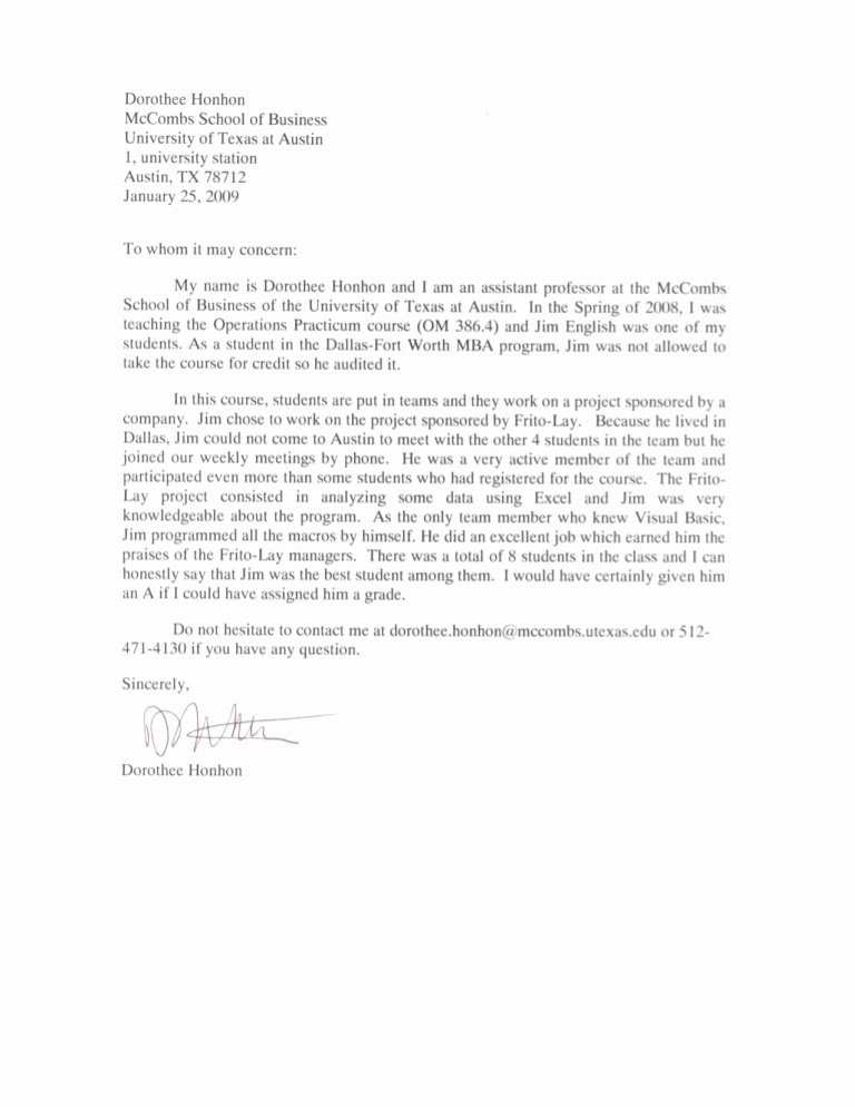Recommendation Letter From Professor Awesome Re Mendation Letter From Professor Honhon