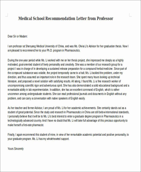 Recommendation Letter From Professor Beautiful 8 Medical School Re Mendation Letter Free Sample