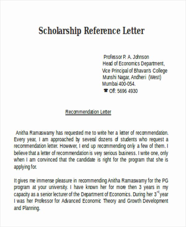 Recommendation Letter From Professor Inspirational Scholarship Reference Letter Templates 5 Free Word Pdf