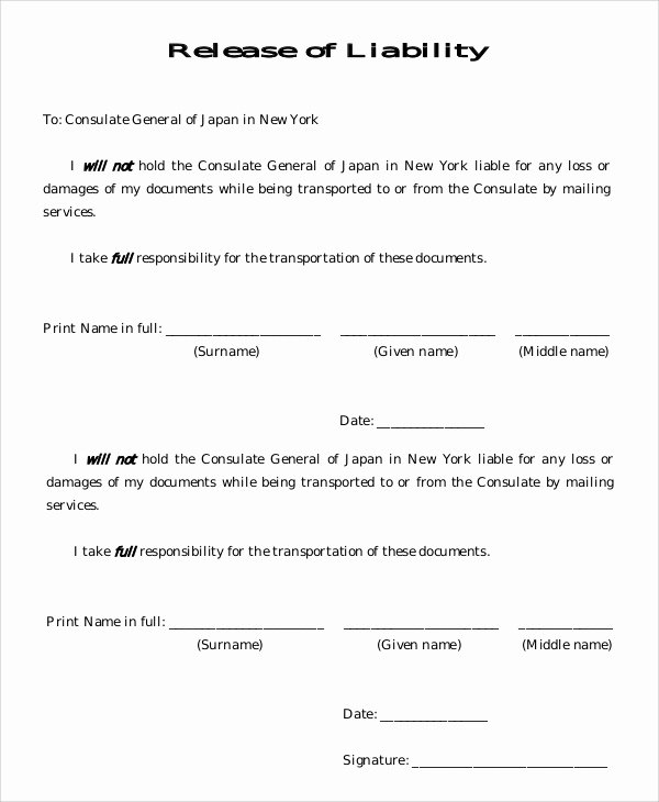 Release Of Liability Example Beautiful Sample Liability Release form 8 Examples In Pdf Word