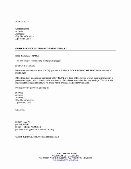 Rent Free Letter Template Lovely Notice to Tenant Of Rent Default Template &amp; Sample form