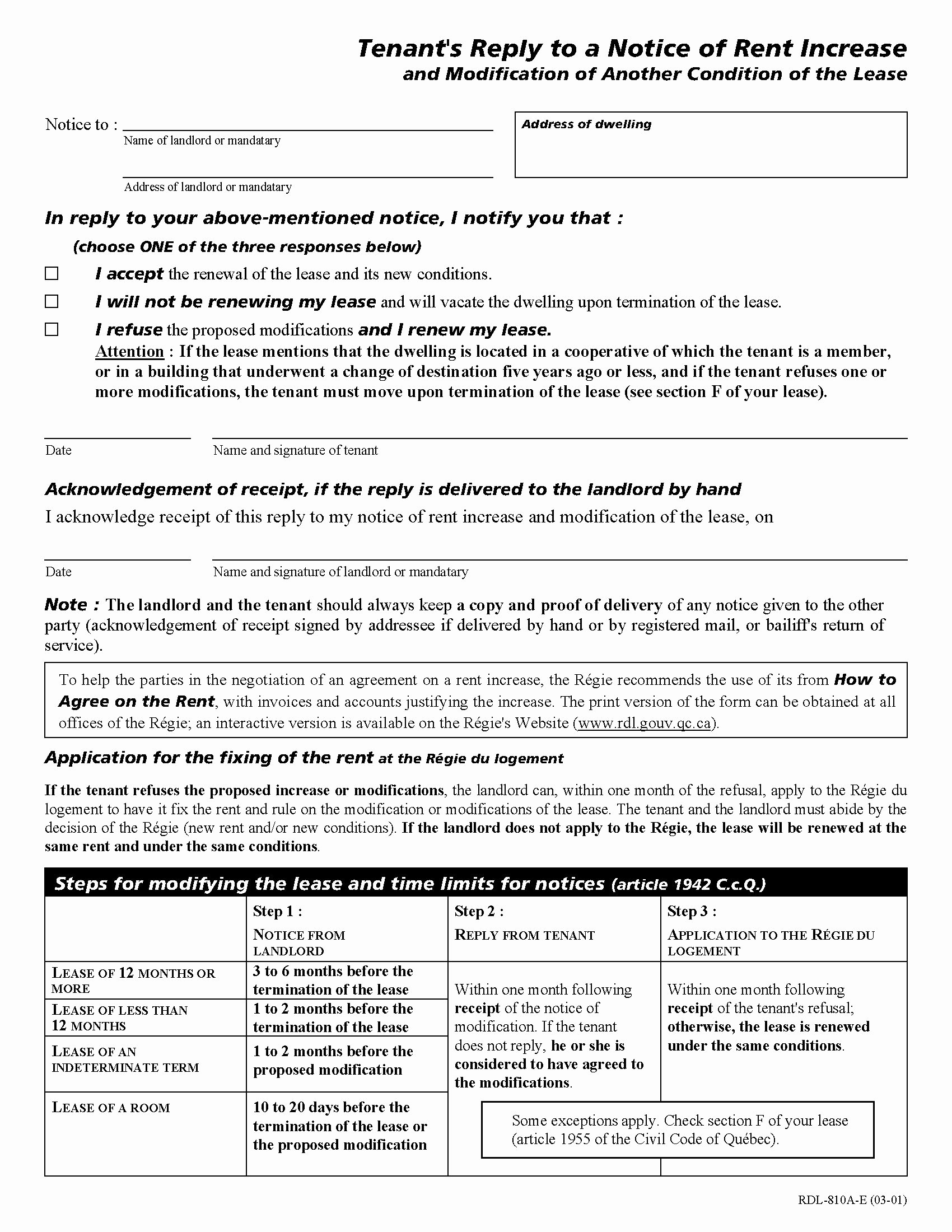 Rent Increase form Unique Quebec Tenant S Reply to Notice Of Rent Increase