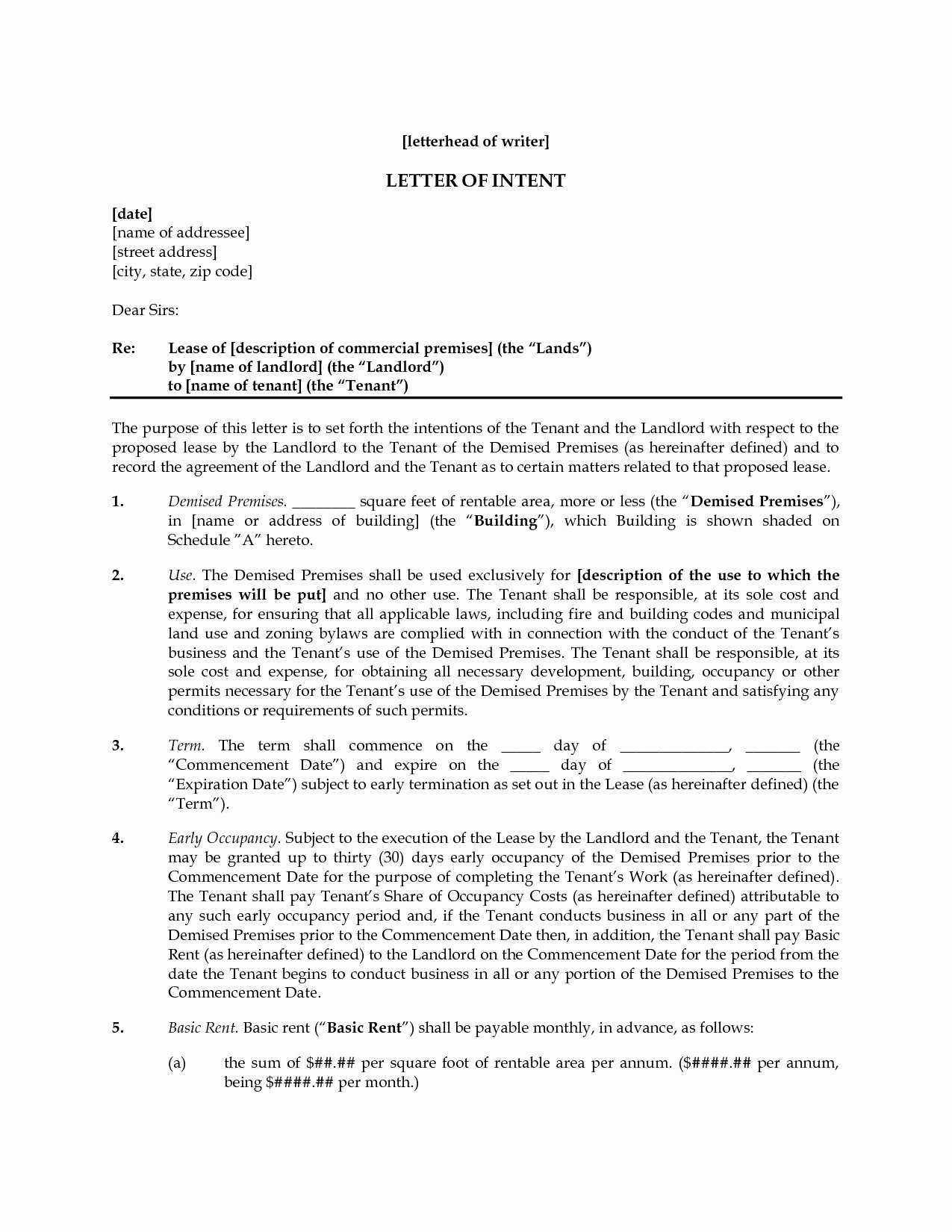 Rental Letter Of Intent New Letter Intent to Lease Mercial Property Template