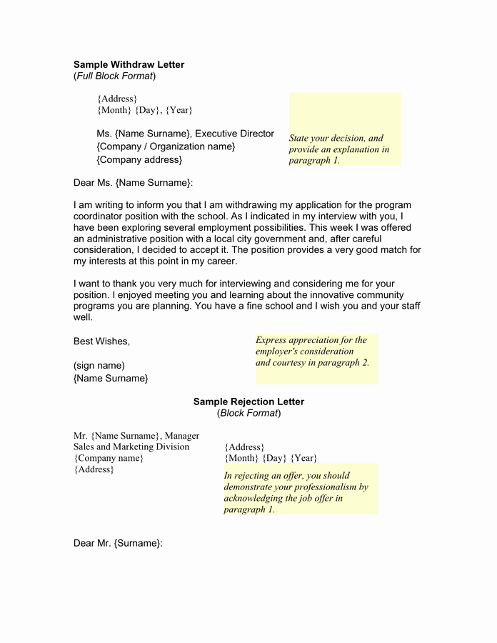 Request for Proposal Rejection Letter New Sample withdraw and Rejection Letter In Word and Pdf formats