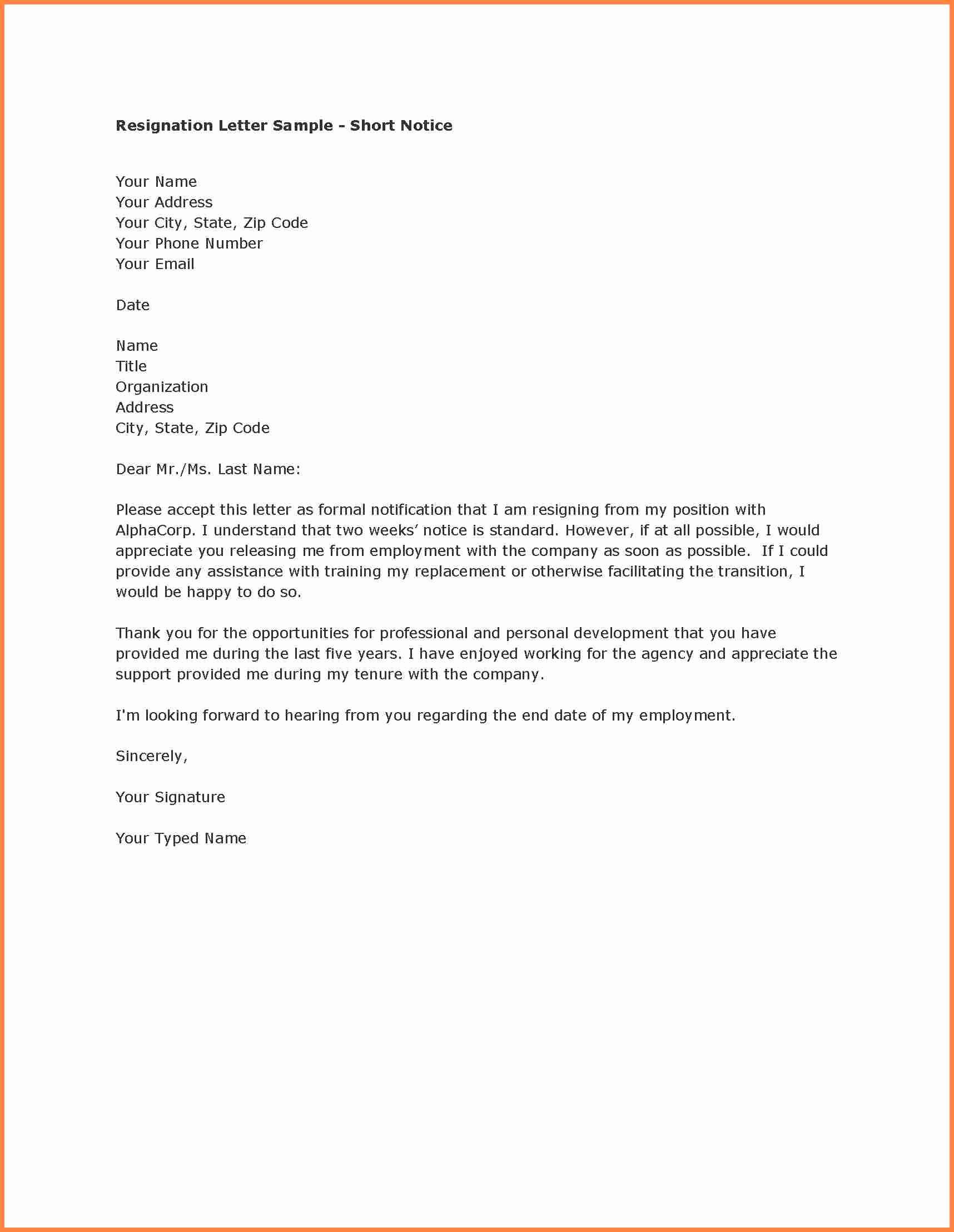Resign Letter Short Notice Best Of 6 Short Notice Resignation Letter Samples