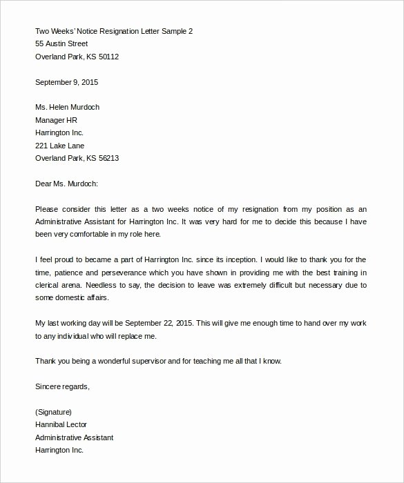 formal letter of resignation 2 weeks notice