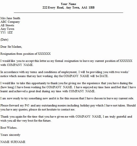 Resignation Letter 2 Week Notice Elegant formal Resignation Letter Example with Two Weeks’ Notice