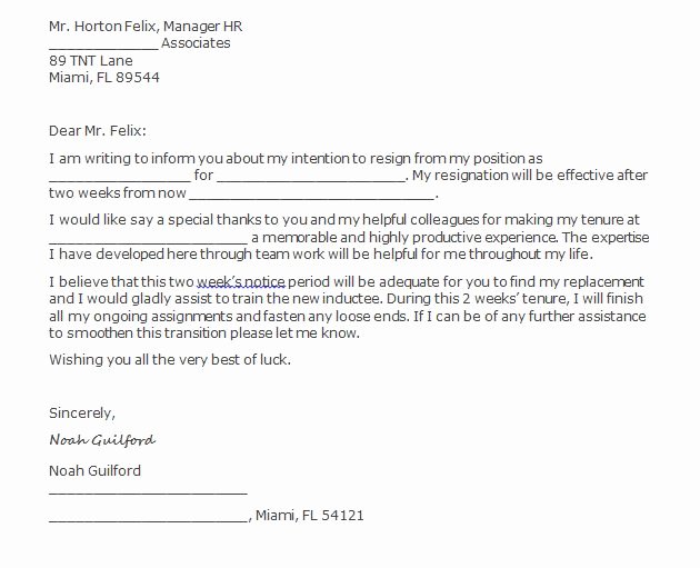 Resignation Letter 2 Week Notice Lovely 40 Two Weeks Notice Letters &amp; Resignation Letter Templates