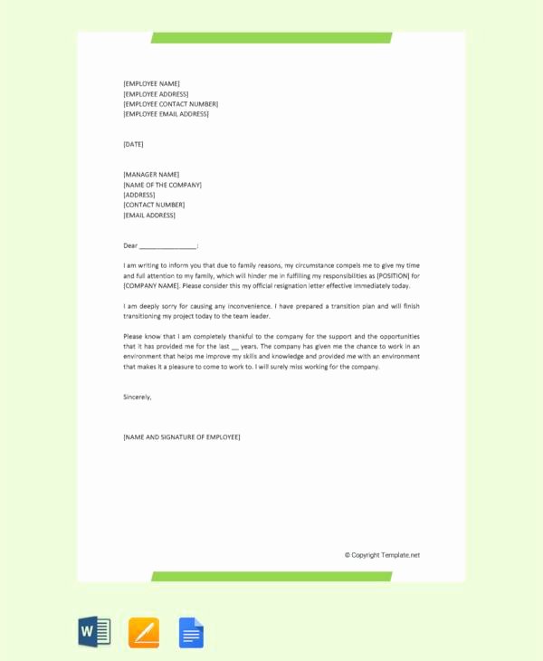 Resignation Letter for Family Reason Awesome 10 Sample Resignation Letter for Family Reasons Doc