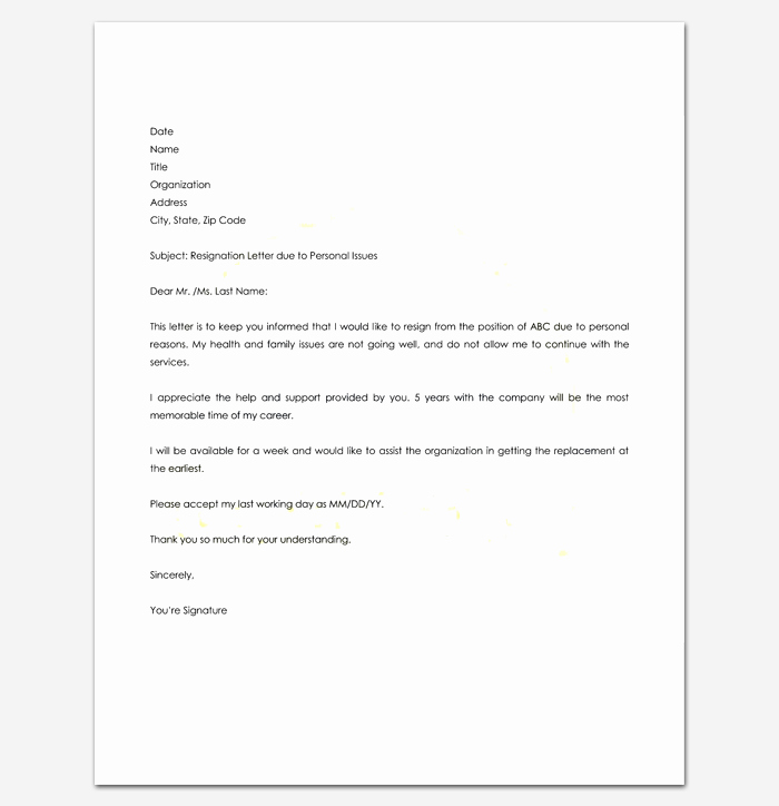 Resignation Letter for Personal Reasons Beautiful Resignation Letter Template format &amp; Sample Letters with