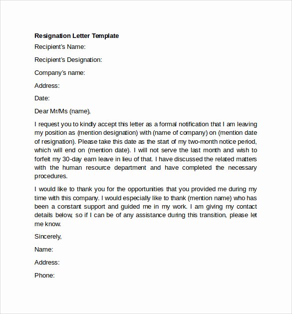 Resignation Letter format In Word Elegant Sample Resignation Letter Example 10 Free Documents
