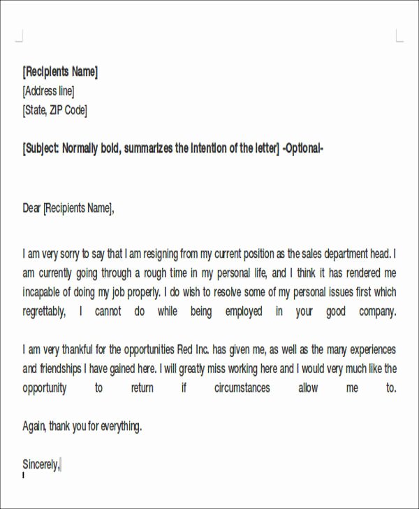 Resignation Letter Personal Reasons Awesome 8 Sample Resignation Letters for Personal Reasons Doc Pdf