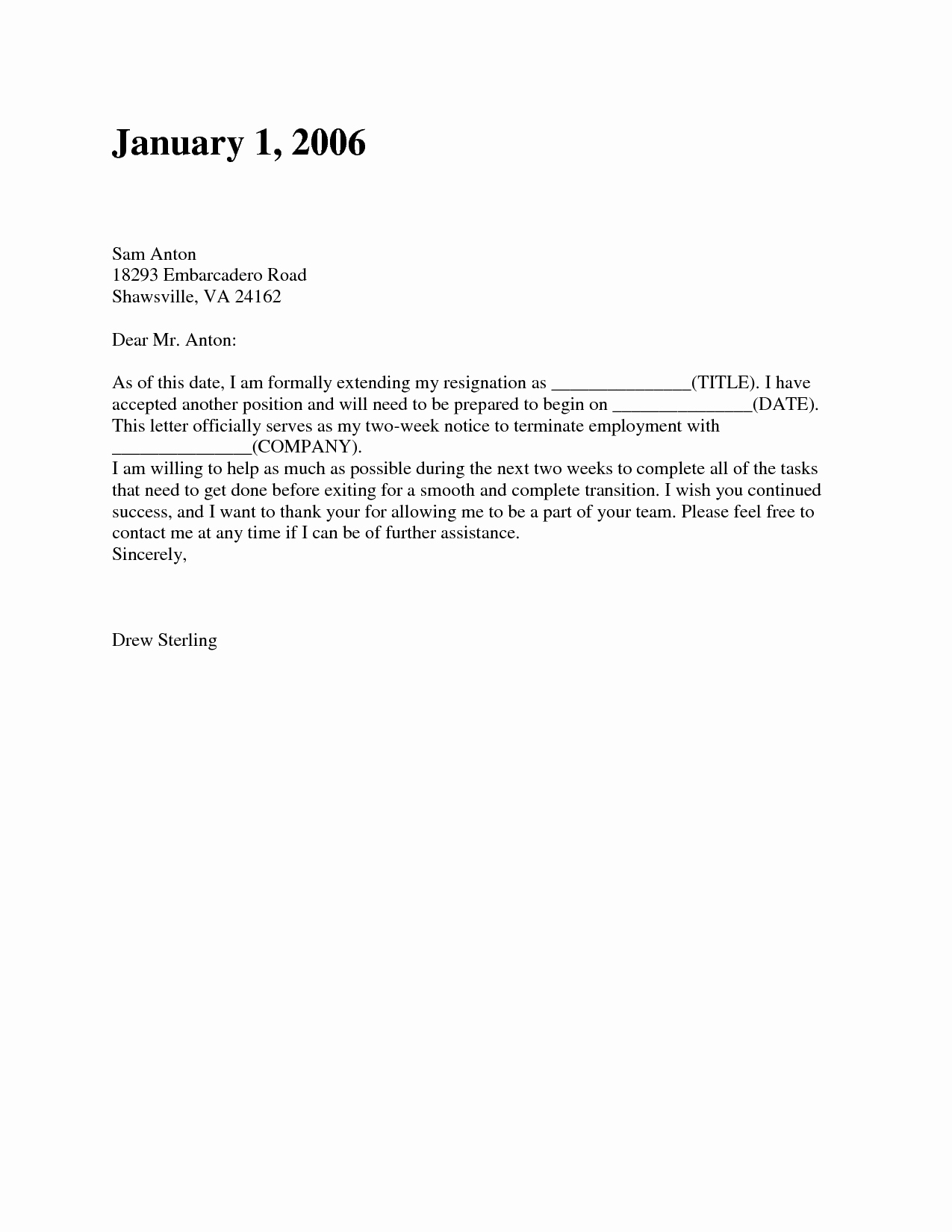 Resignation Letter Sample Lovely Two Weeks’ Notice Resignation Letter Samples