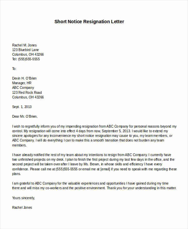 Resignation Letter Short Notice Elegant 31 formal Resignation Letters