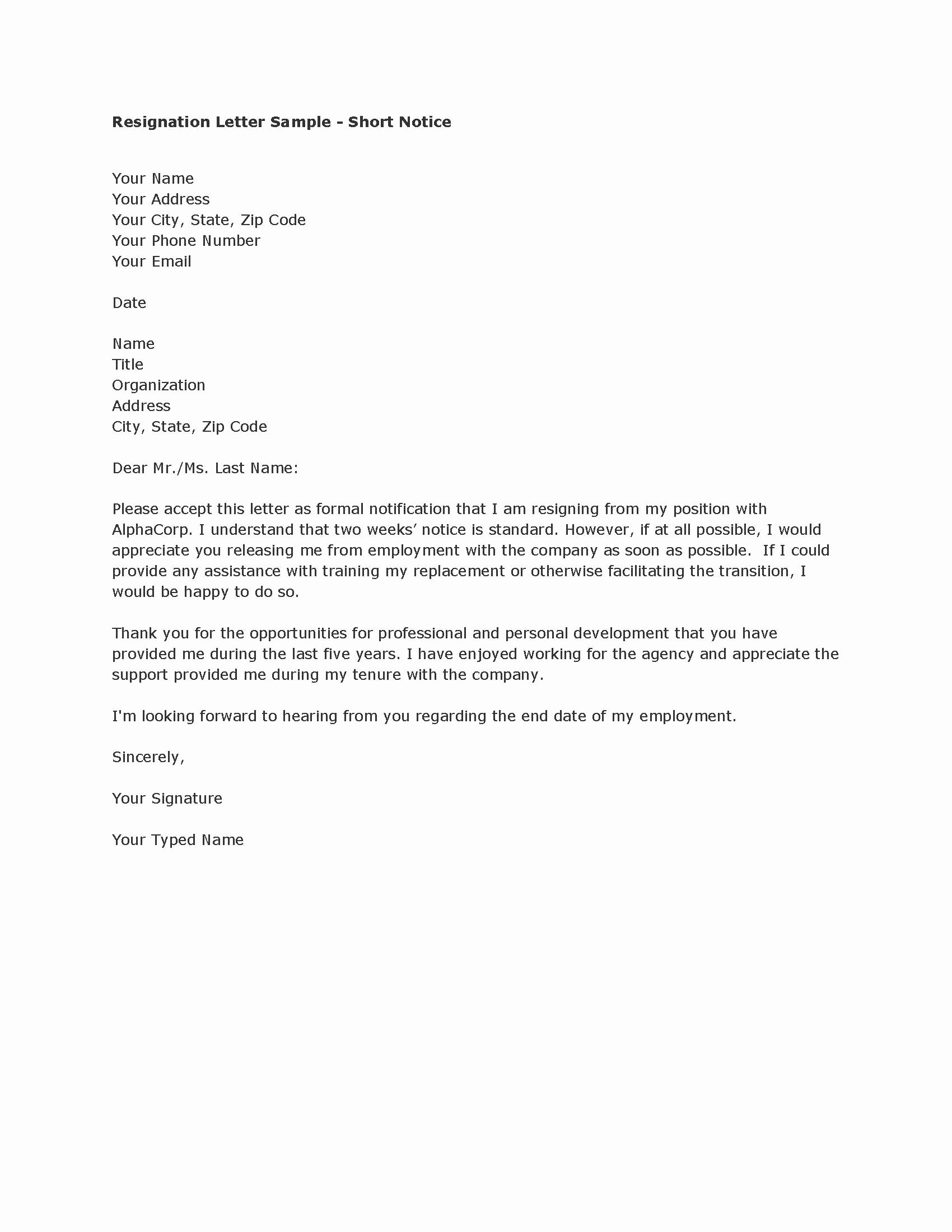 Resignation Letter Short Notice Lovely Resignation Letter Samples Short Notice