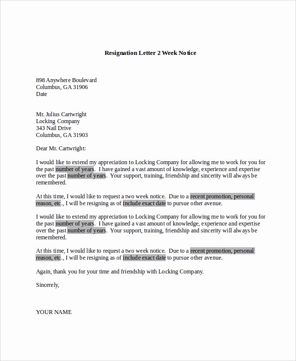 Resignation Letter Two Weeks Notice Best Of Sample Resignation Letter 8 Examples In Pdf Word