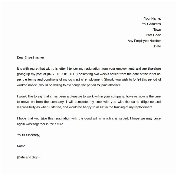 Resignation Letter Two Weeks Notice Fresh Two Week Notice Template