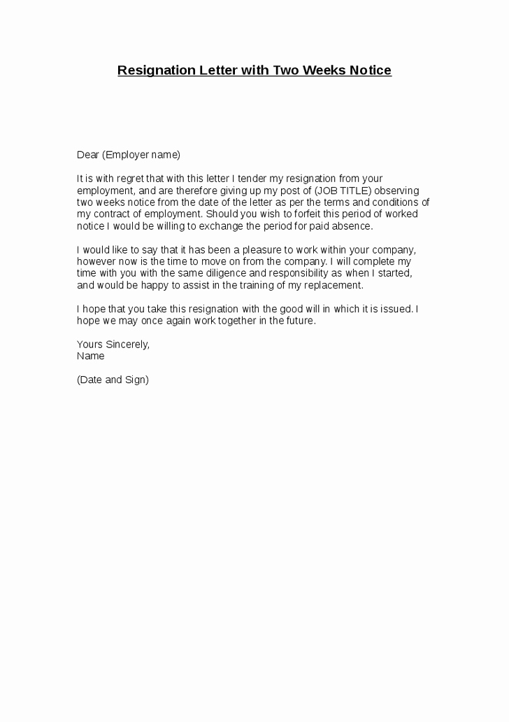 Resignation Letter Two Weeks Notice Inspirational Professional Two Weeks Notice Letter Templates