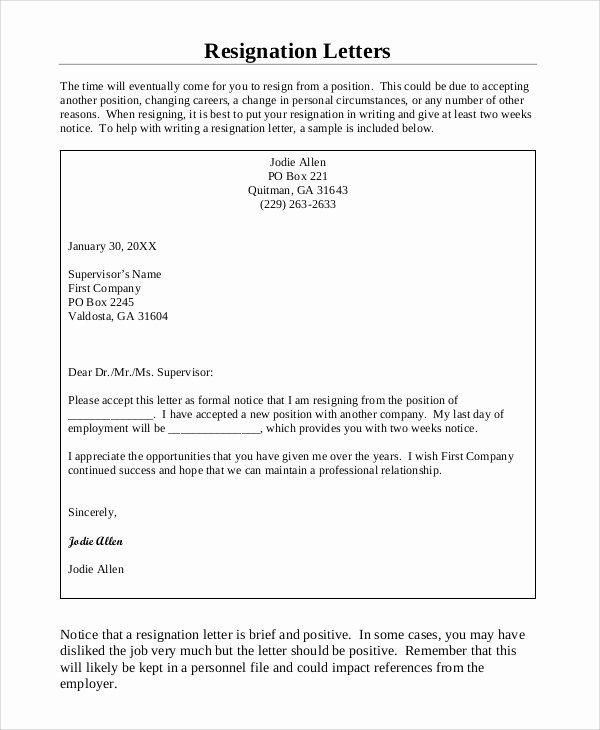 Resignation Letter Two Weeks Notice Unique Sample Resignation Letter with 2 Week Notice 6 Examples