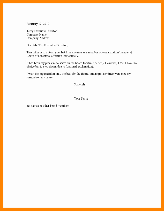 Resignation Letter Volunteer organization Awesome 5 Board Resignation Letter Sample Non Profit