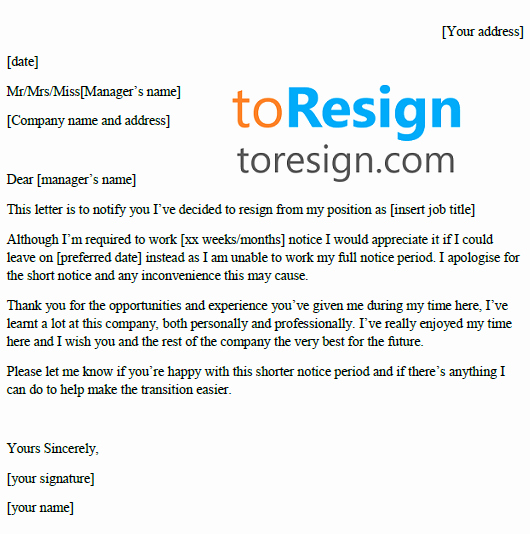 Resignation Letters Short Notice Unique Short Notice Resignation Letter Example toresign