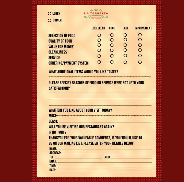 Restaurant Comment Card Example Awesome 13 Customer Ment Cards Psd Eps Google Docs Word
