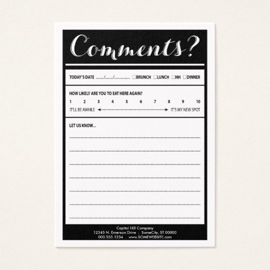 Restaurant Comment Card Example Inspirational Restaurant Ment Card with Logo