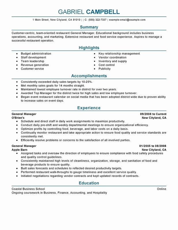 Restaurant General Manager Resume Example Lovely General Manager Restaurant Resume Icebergcoworking