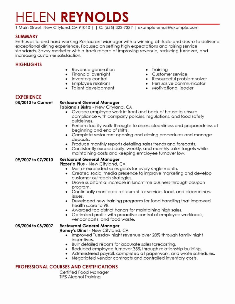 Restaurant General Manager Resume Example New Best Restaurant Manager Resume Example