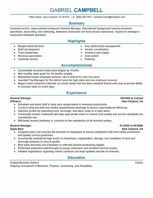 Restaurant General Manager Resume Samples Best Of Restaurant General Manager Resume Examples Free to Try