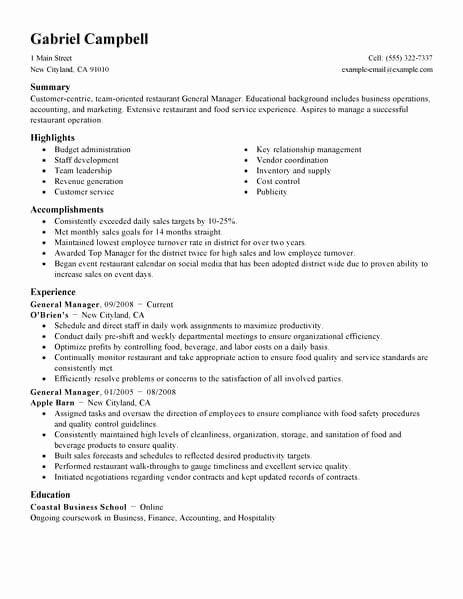 Restaurant General Manager Resume Samples Inspirational Best Restaurant Bar General Manager Resume Example